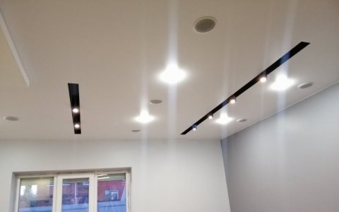 Натяжной потолок с трековыми светильниками в гостиную