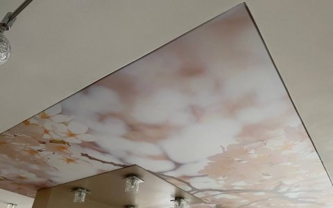Двухуровневый натяжной потолок с фотопечатью в гостиную