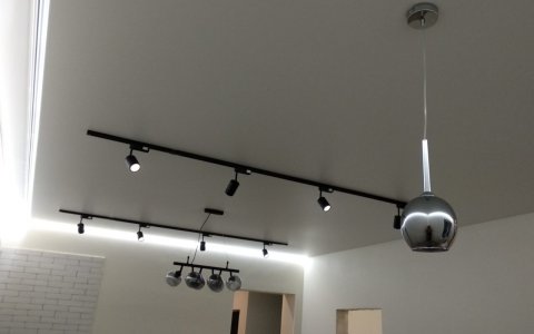 Потолок с трековыми светильниками в гостиную